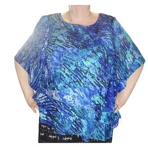 Alex Evenings 3X (fits 2X) Blue Green Chiffon Tiered Blouse Asymmetrical Party
